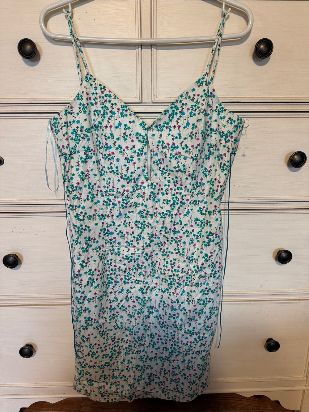 Mikai White Floral Slip Dress with Teal & Purple Print
